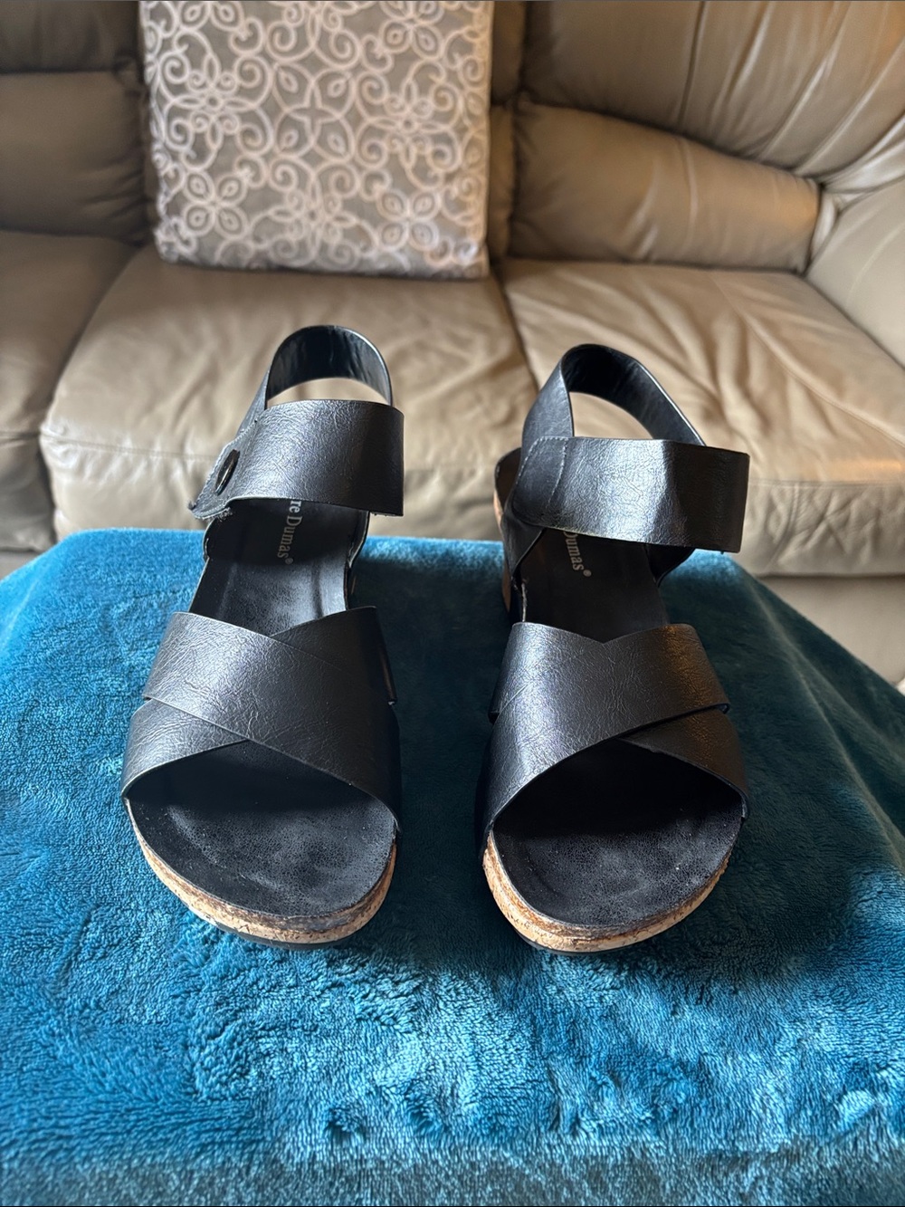 Pierre Dumas Black Crisscross Leather Wedge Sandals